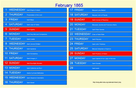 February 1865 Roman Catholic Saints Calendar