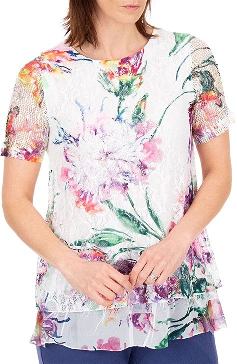 Anna Rose Womens Embellished And Printed Lace Layer Top In White