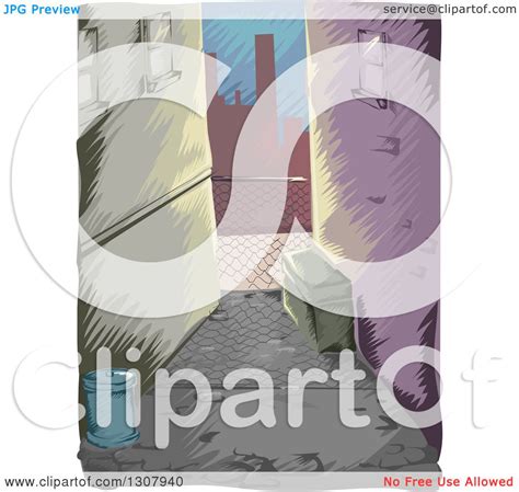 Clipart Of A Sketched Dark Alley In A City Royalty Free Vector