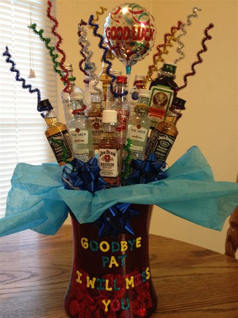 Say so long, farewell, avidazen or goodbye in style with with the best farewell gifts on the web. Alcohol bouquet for co-worker's farewell. | Goodbye gifts ...