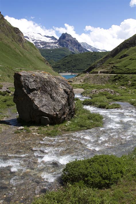 Italian Vertical Mountain Landscape With River And Lake