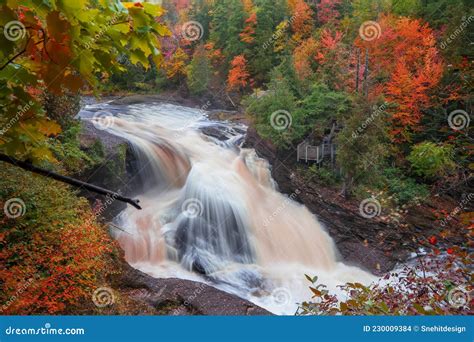 Scenic Rainbow Waterfalls In Michigan Upper Peninsula Stock Photo