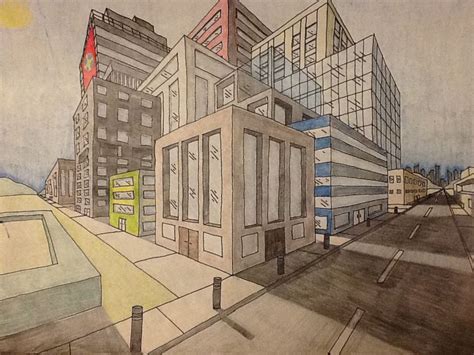 2 Point Perspective City Drawing With Colour Good Example Two Point