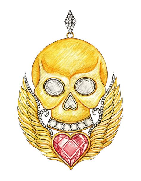 Jewelry Design Art Fancy Skull Mix Wings Heart Gold Pendant Stock
