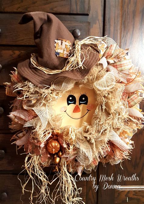 Scarecrow Wreath For Fall Hand Painted Face And Handmade