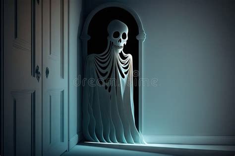 Ghost Skeleton Hiding In The Shadows Peeking Around The Corner Stock