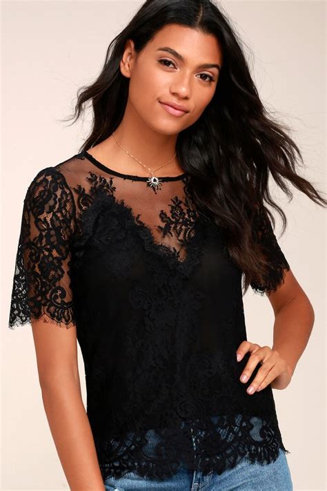 Chic Black Top Lace Top Short Sleeve Top Lulus