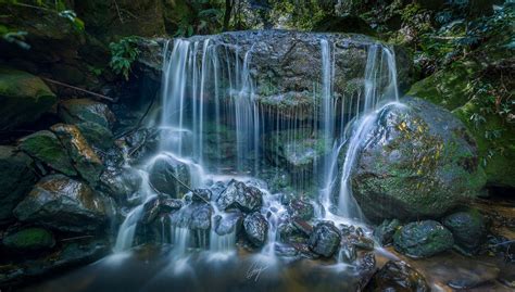 A Tranquil Waterfall Just Before Storm At Leura Cascades Blue