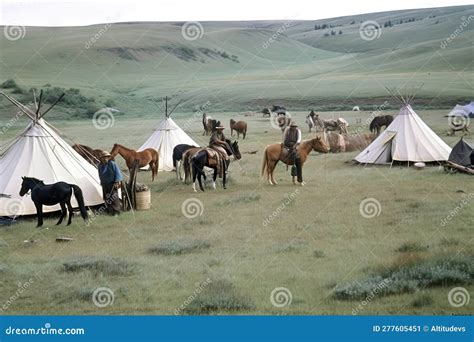 Nomadic Tribe Setting Up Camp With Tents And Horses Visible Stock