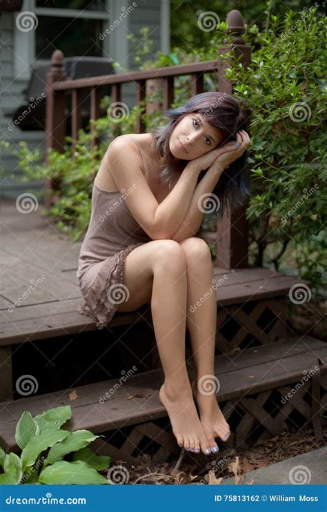 Barefoot Woman On Porch Stock Photo Image Of Hair Eyes 75813162