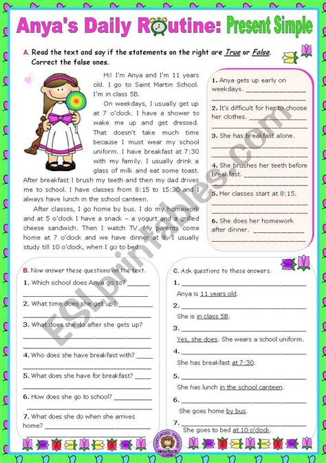 Anyas Daily Routine Simple Present Reading Comprehension Esl
