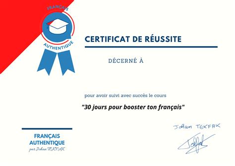 Certificat De Réussite 30 Jours Français Authentique