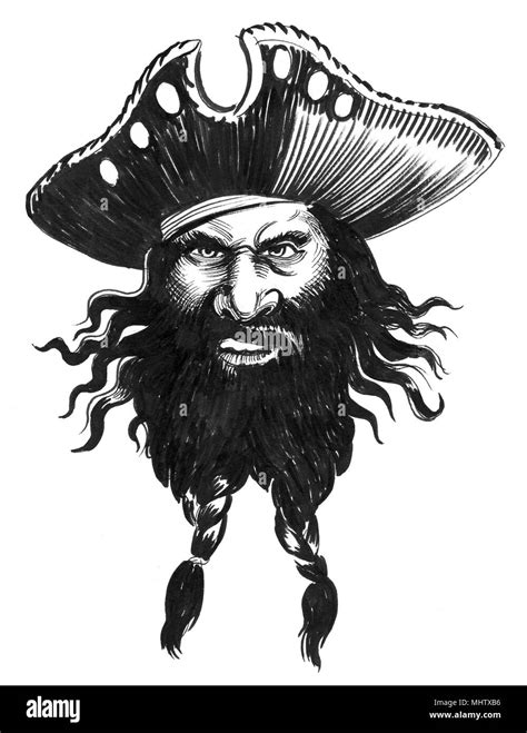 Mad Pirate Captain Ink Black And White Illustration Stock Photo Alamy