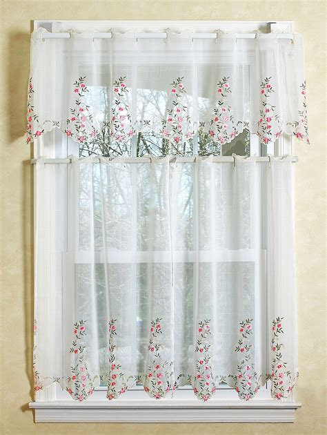 Lima Sheer White Kitchen Curtain Set With Embroidered Flowers Design