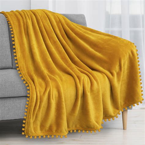 Pavilia Pom Pom Blanket Throw Mustard Yellow Gold Soft Fleece Pompom