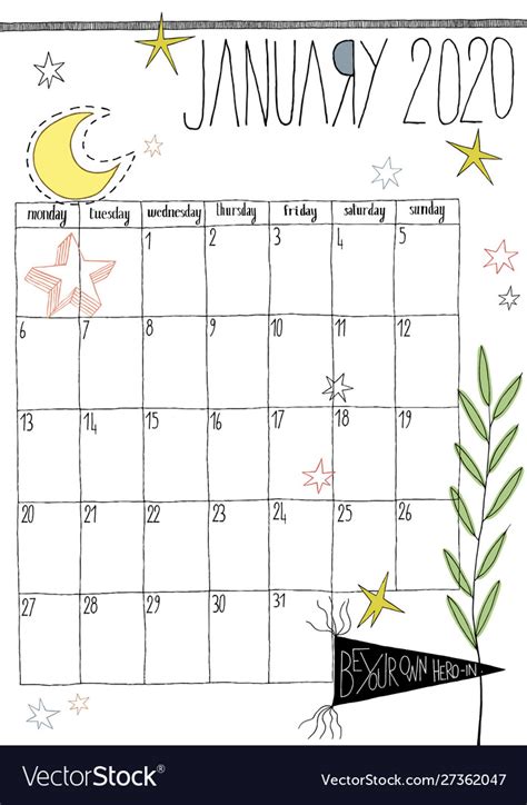 A Calendar January 2020 With Doodles Royalty Free Vector