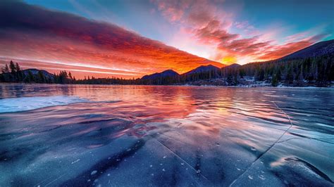 Desktop Wallpaper Frozen Lake Sunset Winter Skyline