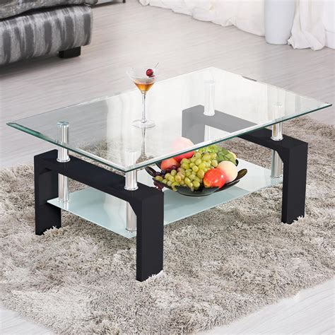 Ktaxon Rectangular Glass Coffee Table Shelf Wood Living Room Furniture Chrome Base Black