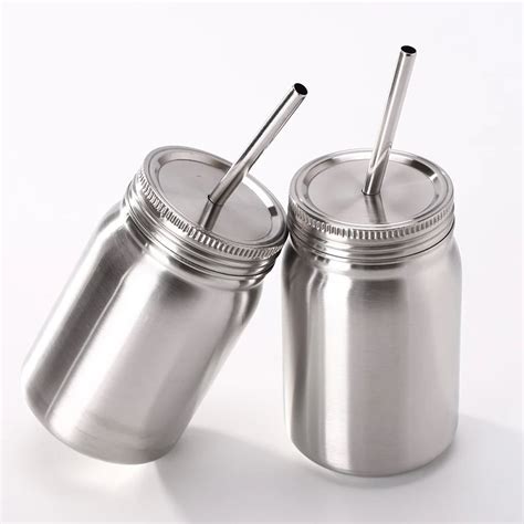 500ml Double Walled Stainless Steel Mason Jar With Lids And Metal Straw Vacuum Insulated Mason