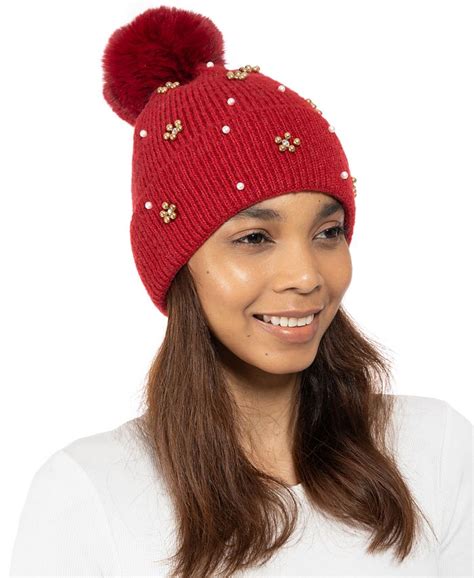 Inc International Concepts Bead Embellished Beanie With Faux Fur Pom