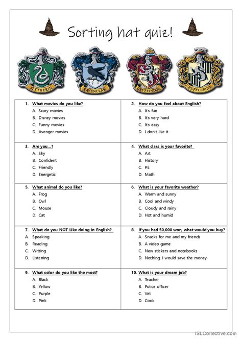Harry Potter Sorting Hat Quiz English Esl Worksheets Pdf And Doc