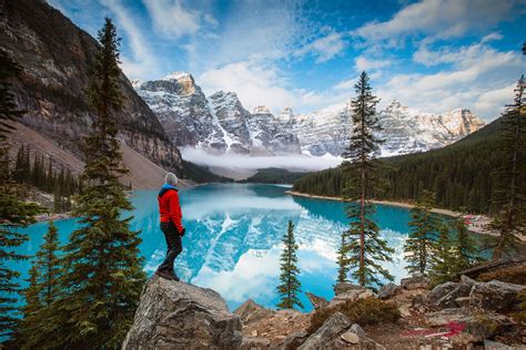 Man At Moraine Lake In Autumn Banff Canada Royalty