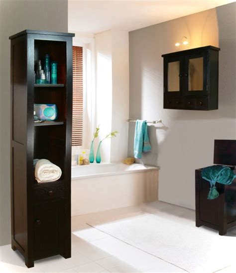 Small Bathroom Dark Wood Bath Storage With Splash Of Blue Decor