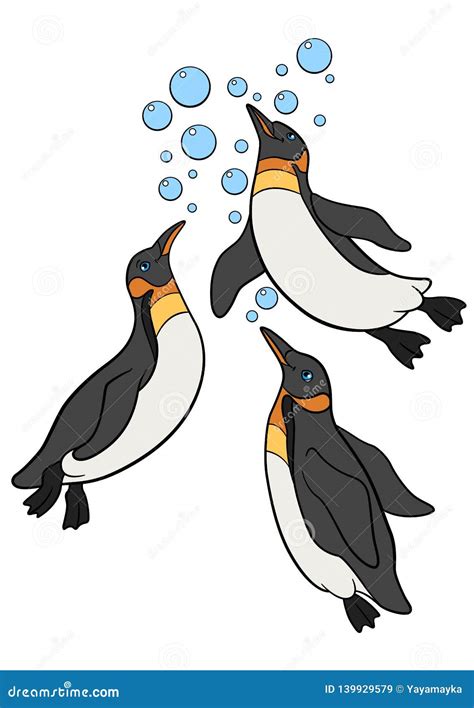 Cartoon Birds Three Little Cute Penguins Swim Stock Vector