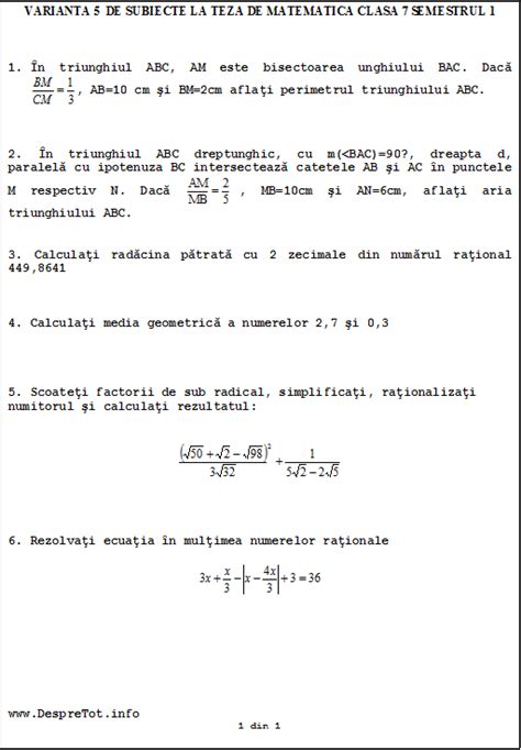 Teza Matematica Clasa 7 Sem 1 Rezolvata Varianta 5