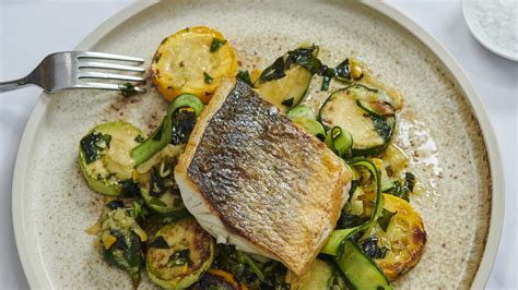 Pan Fried Sea Bass Fillet With Herbed Courgettes Dinner Recipes