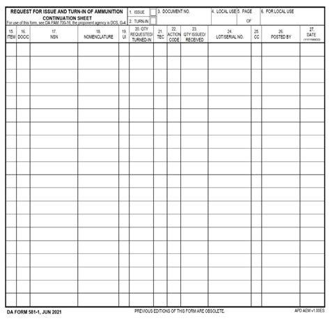 Da Form 581 1 Request For Issue And Turn In Of Ammunition