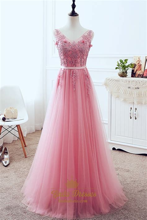 Sleeveless V Neck Lace Applique Tulle A Line Floor Length Prom Dress