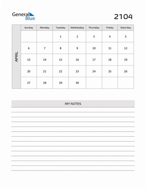 April 2104 Printable Monthly Calendar With Notes