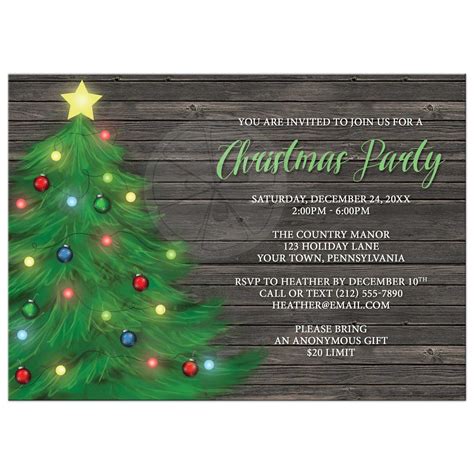 Christmas Party Invitations Rustic Wood Holiday Tree With Lights