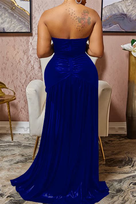 Wholesale Blue Fashion Sexy Patchwork Hot Drilling Backless Fold Strapless Sleeveless Dress