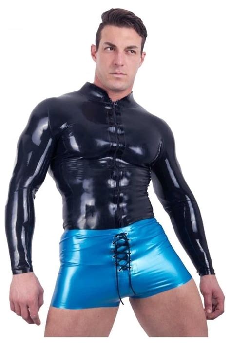 Troy Latex Zip Front Mans Top With Long Sleeves And High