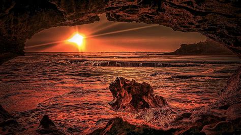 Sunset View From Beach Cave Beach View Cave Sunset Hd Wallpaper