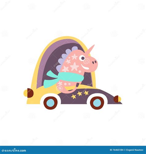 Unicorn In Racing Car Stylized Fantastic Illustration Stock Vector