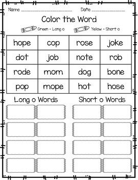 Long vowel e color circle worksheet 2. Short O / Long O Activities and Worksheets by Jessica ...