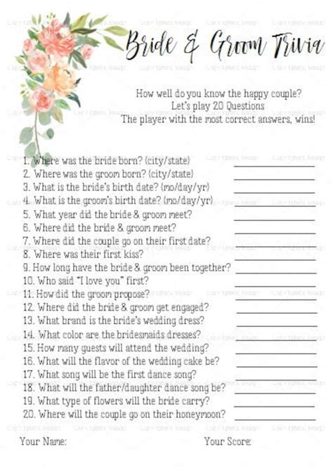 Bridal Shower Game Bride And Groom Trivia 20 Questions Blush Etsy Norway
