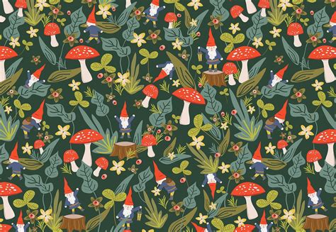 Woodland Gnomes Seamless Pattern Mushroom Wallpaper Frog Wallpaper