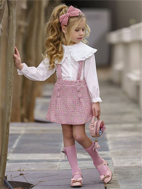 Girls White Blouse With Pink Overall Skirt Set In 2021 Fashion Baby