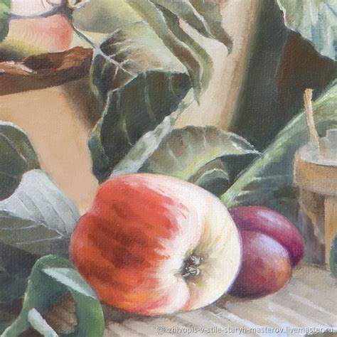 Картина маслом Натюрморт с яблоками и цветами тыквы купить онлайн