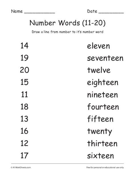 Grade 1 Numbers Words Matching Worksheets 11 20 Missing Number