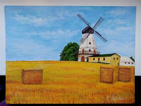 The Old Mill Original Acrylic Painting Field Landscape Etsy