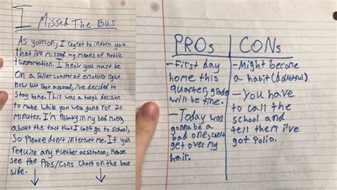 Kid Pens Hilarious Pros And Cons List After He Misses School Bus