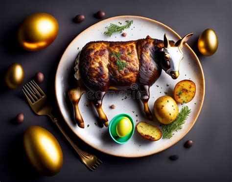 Easter Traditional Dinner Roasted Lamb Served With Baked Potatoes Artistic Gold Fork Ai