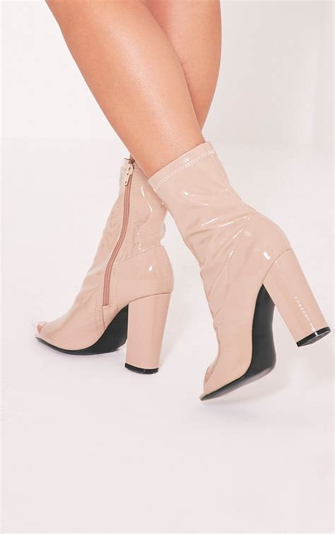 Malina Nude Patent Peep Toe Heeled Ankle Boots Boots