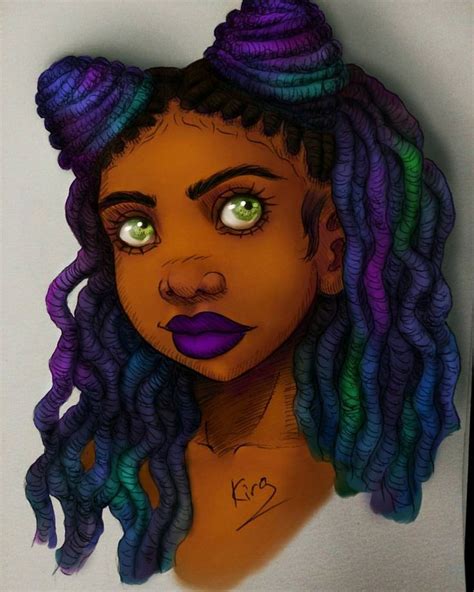 A Drawing Of A Woman With Green Eyes And Purple Dreadlocks On Her Head