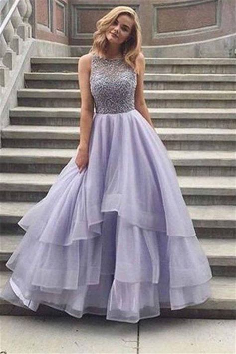 Floor Length Long Beading Tulle Open Back Prom Dresses Princess In 2020